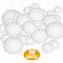 Load image into Gallery viewer, 30 pcs White Paper Lanterns/Led Lights Assorted Sizes of 4&quot;-14&quot; Chinese Lampion for Weddings Baby Shower Xmas Parties and Events
